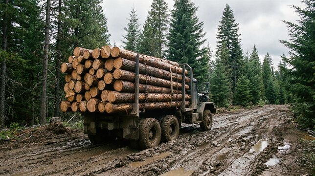Heavy logging truck loaded with freshly cut timber logs driving on a muddy forest road. Woodworking industry transportation.