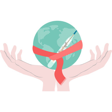 Worldwide pandemic metaphor with earth planet glob thermometer tied scarf in doctor caring hand vector icon
