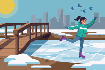 Obraz premium A cheerful girl enjoys ice skating on frozen water, surrounded by a serene cityscape. The scene captures the joy of winter sports and the beauty of the snowy landscape.