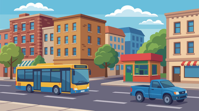 An animated city scene depicting a yellow bus and a blue pickup truck traveling on the road, capturing everyday urban life and the movement within a bustling environment.