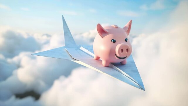 Pink piggy bank flying on paper plane above white clouds in blue sunny sky. Concept of financial freedom, investment growth, retirement savings and banking success