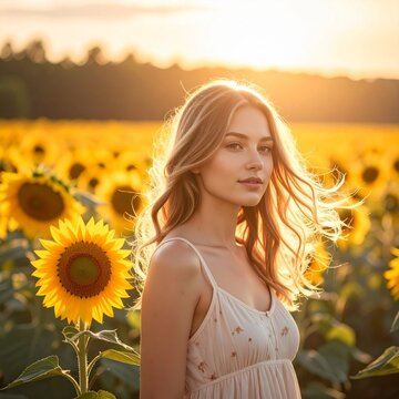 A smiling woman with beautiful hair finds pure joy and happiness while standing in a sunny field of yellow sunflowers