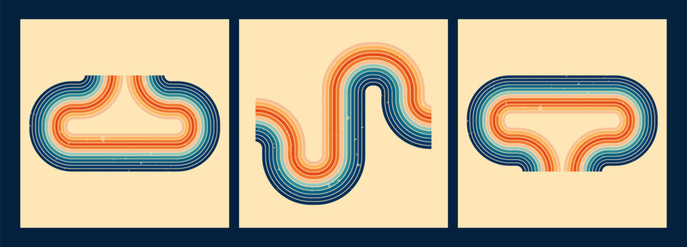 Collection with 3 square designs. Groovy rainbow stripes in orange and blue color.