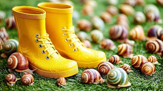 Yellow rain boots surrounded by snails