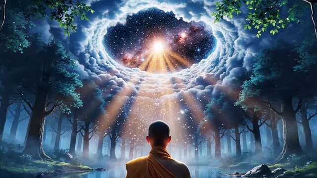 Meditative monk standing in forest with celestial portal above.