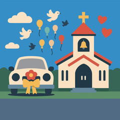 Naklejka premium This vibrant wedding illustration captures a romantic scene with a decorated car in front of a church, accompanied by balloons and doves, evoking love and celebration.