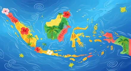 Colorful cartoon map of Indonesia with tropical islands and sea