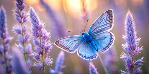 Fototapeta premium Close-up Macro of a Blue Butterfly on Tall, Fluffy Violet Grass with Soft Atmospheric Lighting 
