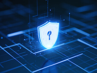 Security Shield concept, data protection. Shield with dots and lines connection on blue background. - 3d illustration
