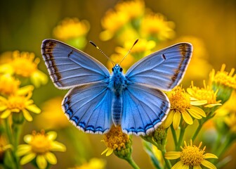 Fototapeta premium Palo Verdes Blue Butterfly on Yellow Flower, Green and Gold Background 