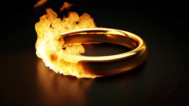 Golden wedding ring burning with intense orange flames on black background. Concept of broken marriage, divorce, end of relationship and domestic conflict