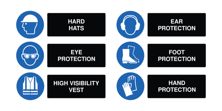 Mandatory PPE Icons Set &ndash; Hard Hat, Eye, Ear, Foot and Hand Protection with High Visibility Vest Safety Symbols for Construction and Industrial Workplace Signage