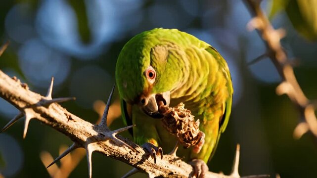 Close-up of a vibrant green parrot enjoying a meal while perched on a thorny tree branch in natural environment