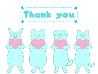 ハートを持ったウサギ・クマ・イヌ・ネコの感謝を伝えるイラスト　Thank you　水色