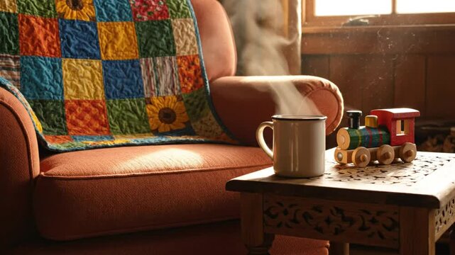 Cozy living room scene with a patchwork quilt, steaming mug, and wooden toy train on a side table