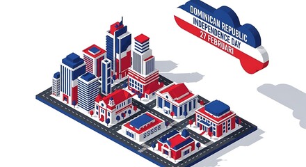 American Public Iconic Red White Blue Buildings and Ship on a Digital Canvas, Showcasing Vibrant Architecture and Isometric View