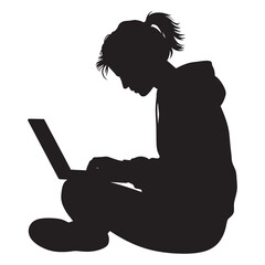 Person sitting crosslegged using laptop computer on floor in relaxed focused pose silhouette style