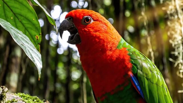 Stunning shot of a vibrant red and green eclectus parrot perched on a mossy branch amidst lush jungle foliage