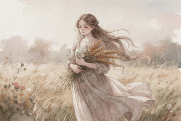 A wistful girl drifts through a sun-bleached field, long hair streaming in the breeze as she cradles wheat and wildflowers, her dress whispering against a haze of golden grasses.