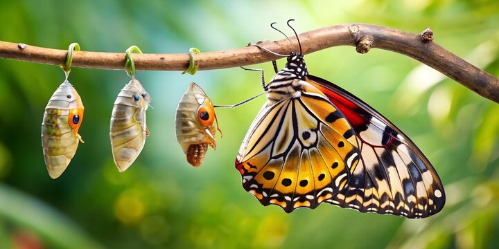 Large Tropical Butterfly Emerging from Pupa with Clipping Path, Symbolizing Transformation 