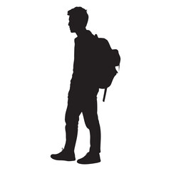 Silhouette of person walking carrying backpack isolated on transparent background