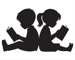 Two children sitting and reading books together in a relaxed pose silhouette style