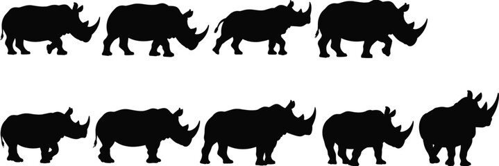 Rhinoceros silhouette set, African rhino walking standing wildlife safari animals isolated on white background, nature flat vector illustration © Mahamudul Creatives