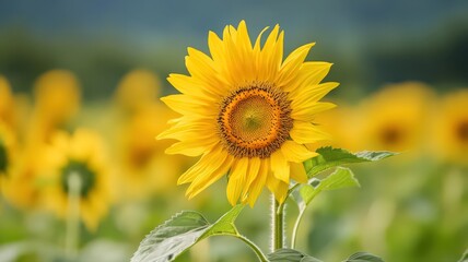Fototapeta premium Beautiful Sunflower Blooming Vibrantly in a Lush Green Field Under a Clear Blue Sky