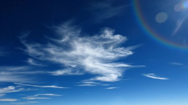 Beautiful azure sky with wispy clouds, sun glare, and a partial rainbow effect, showcasing a stunning natural landscape