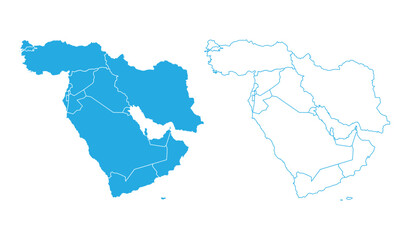Fototapeta premium Detailed blue Middle East map collection including solid silhouette and clean outline vector design elements