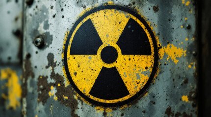 Fototapeta premium Grungy Nuclear Radiation Warning Symbol on Rusty Industrial Metal Surface