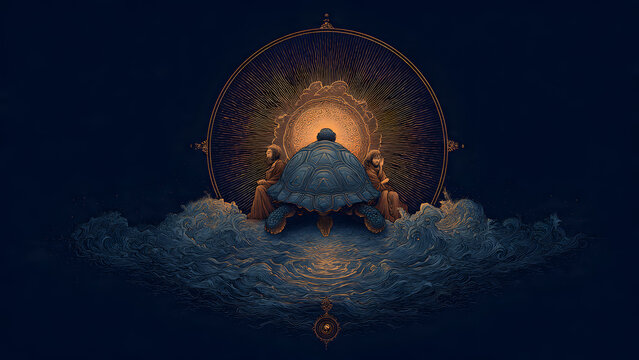 Elegant Digital Artwork Depicting Lord Vishnu s Kurma Avatar with Tortoise and Divine Symbols in a Sacred Cosmic Scene