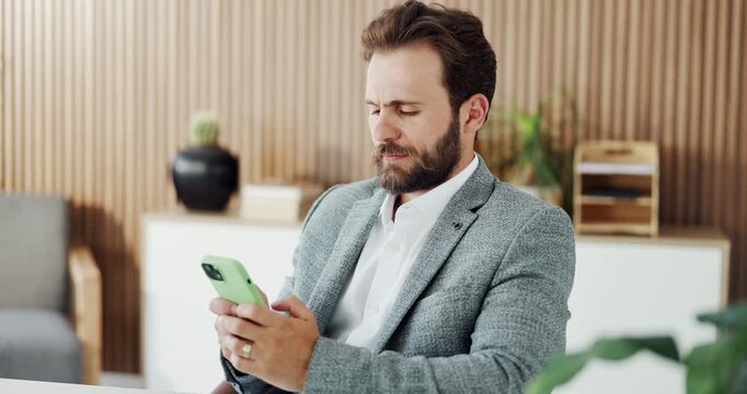 Businessman, smartphone and realtor with texting at office for feedback, contact and scroll on web. Person, phone and real estate agent with mobile app, smile or check notification at property agency