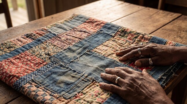Elderly hands gently touching a colorful patchwork quilt on a rustic wooden table, showcasing traditional craftsmanship and comfort.