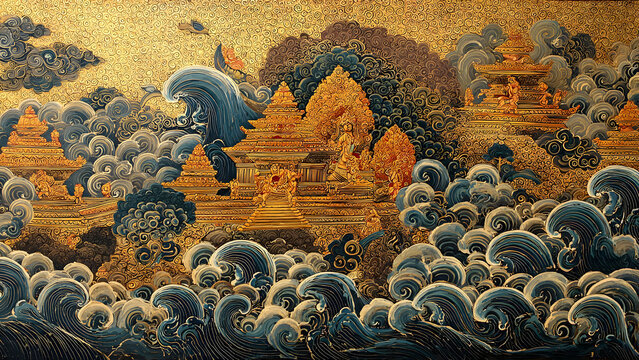 Intricate Artistic Depiction of Kurma Avatar - Vishnu s Tortoise Incarnation in a Mythological Ocean Scene with Divine Elements