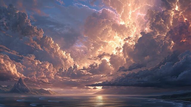 Dramatic Ocean Sunset with Vibrant Cloudscape and Lightning, Scenic Seascape with Mountain Range and Reflection, Nature Landscape for Travel and Nature Themes