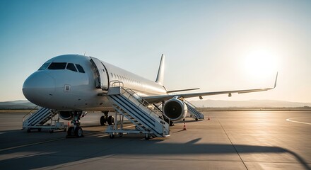 Obraz premium A commercial jet parked on tarmac with boarding stairs, bathed in the golden light of sunset