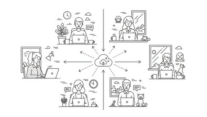 Obraz premium Remote team collaboration via cloud technology, people working from home connected to central server