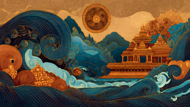Intricate Digital Art Depiction of Lord Vishnu s Kurma Avatar During Churning of the Ocean with Sacred Mountain and Divine Elements