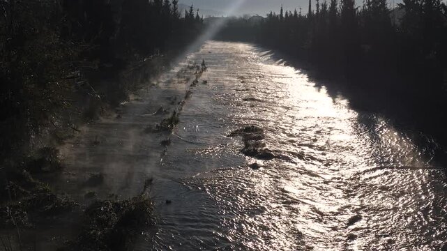 river scenery after a rain steam on the water