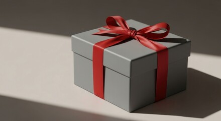 Obraz premium Gift box, grey, tied with a red ribbon