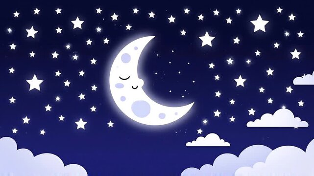 Cute cartoon sleeping crescent moon, glowing stars, and soft clouds in dark blue night sky.