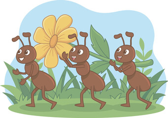 Fototapeta premium A charming scene showing cheerful ants collaborating to carry a large flower through lush grass, highlighting teamwork, persistence, and the beauty of nature's smallest creatures.