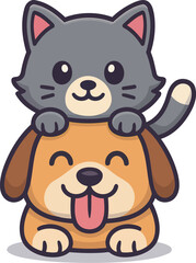 Fototapeta premium A charming illustration featuring a playful cat sitting atop a joyful dog, embodying the friendship and camaraderie often found between pets in our lives.