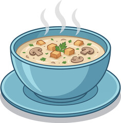 A warm bowl of soup, garnished with ingredients and emitting steam, evokes comforting feelings of home cooking and cozy meals, perfect for food-related themes and products.