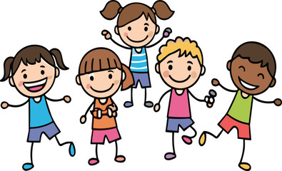 Happy kids jumping rope and exercising with dumbbells cartoon vector illustration isolated design set collection