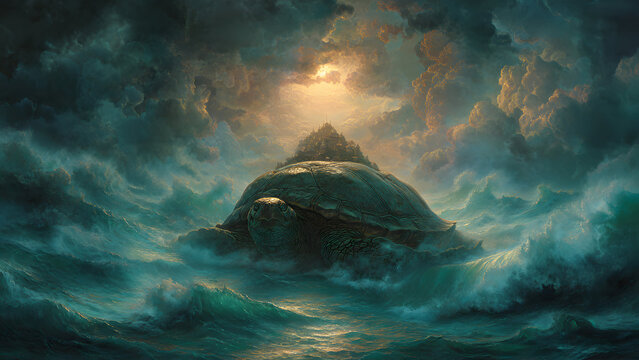 Mythological Tortoise in Ocean with Mountainous Structure and Dramatic Sky, Artistic Representation of Kurma Avatar, Religious Symbolism