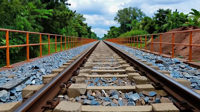 railway tracks perspective with gravel ballast and orange safety railing