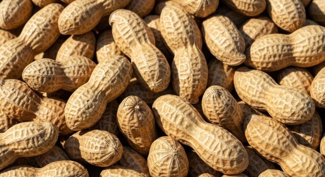 Heap of dried peanuts, close-up, textured shells