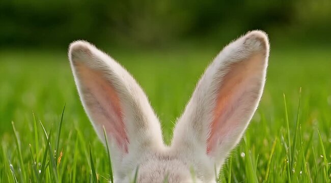 Close-up of Fluffy White Rabbit Ears Peeking Through Green Grass in Spring Meadow